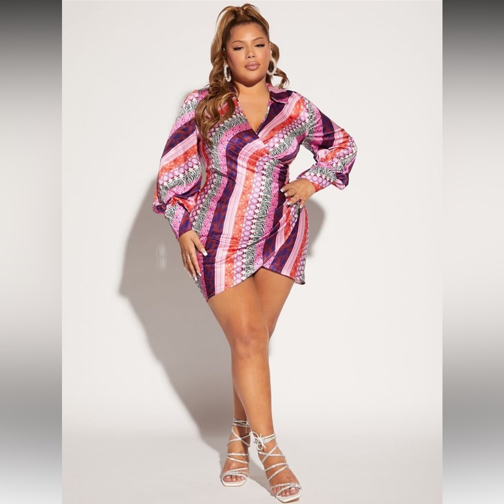 SHEIN Curve Women's Multicolor Striped Faux Wrap Mini Dress w/ Zebra Print Sz 3X